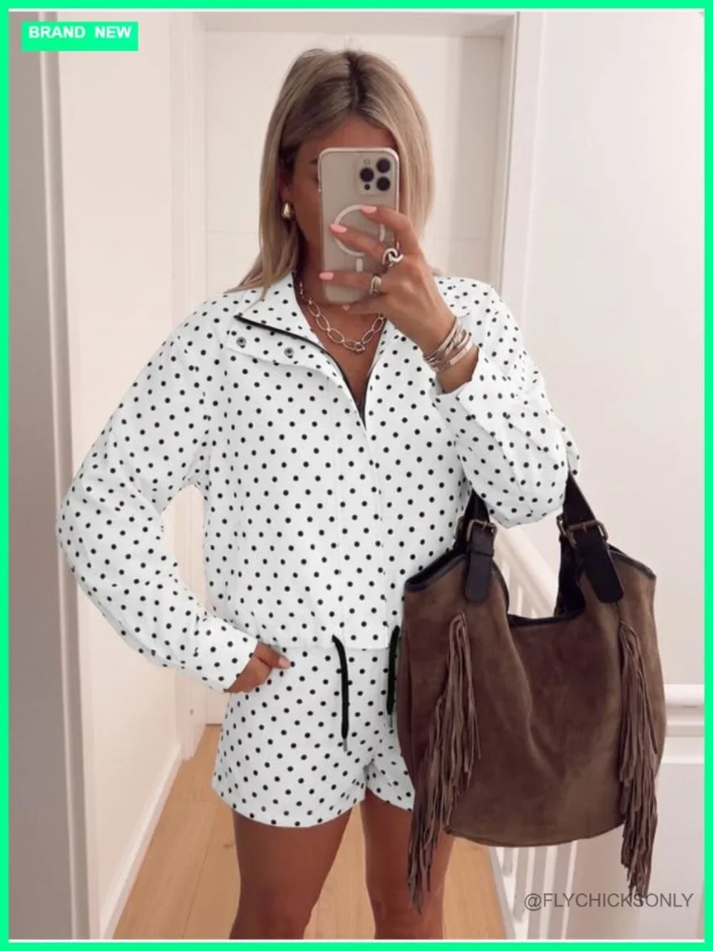 Women's Polka Dot Cropped Jacket Full Zip Funnel Neck Pockets